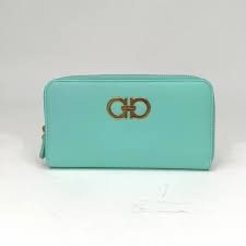 Salvatore Ferragamo Zip Around Long Wallet Mint Green Gancini Logo Front Preppy